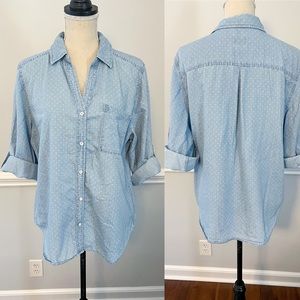 Chico’s Chambray Jean Polka-Dot Button Down Blouse, Size 2